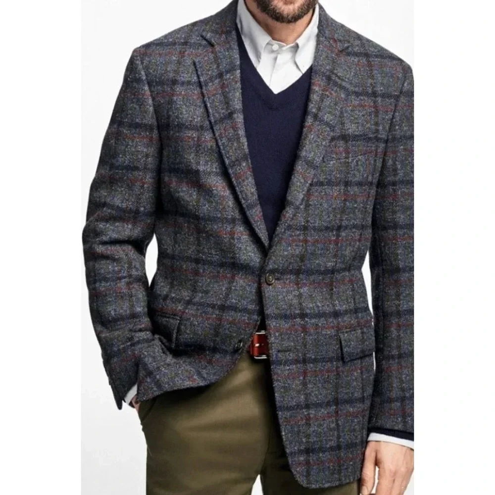 BROOKS BROTHER Regent Sport Coat Blue Plaid Harris Tweed Wool Men's Size 44R